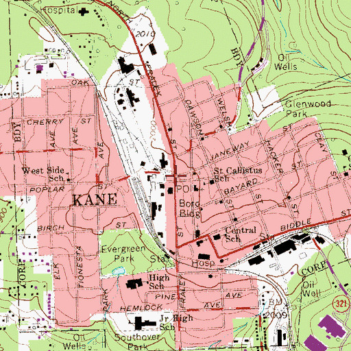 Topographic Map of Kane, PA