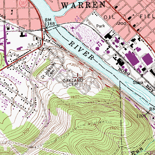 Topographic Map of Oakland Cemetery, PA