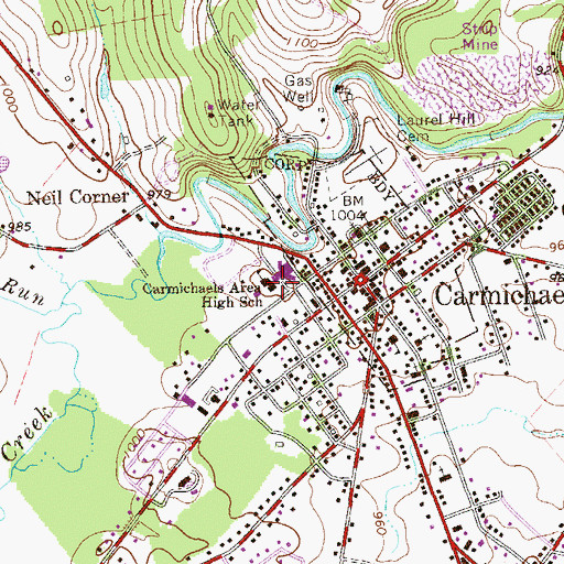 Topographic Map of Carmichaels Area Junior and Senior High School, PA