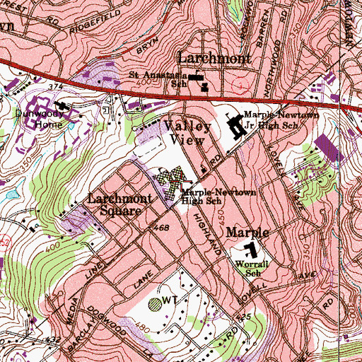 Topographic Map of Marple-Newton Senior High School, PA
