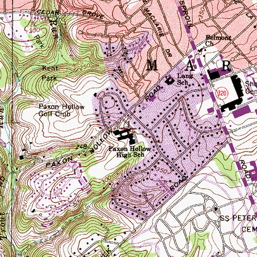 Topographic Map of Paxon Hollow Junior High School, PA
