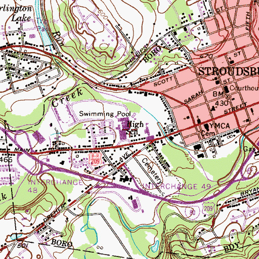 Topographic Map of Stroudsburg High School, PA