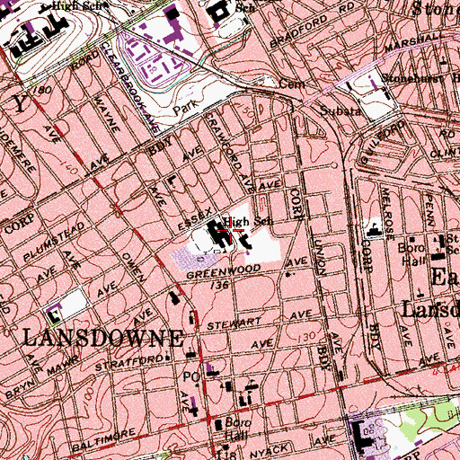 Topographic Map of Penn Wood High School, PA