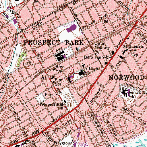 Topographic Map of Prospect Park Elementary School, PA