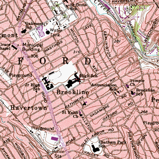 Topographic Map of Haverford High School, PA