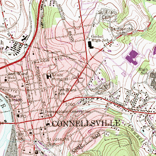 Topographic Map of Connellsville Township Elementary School, PA