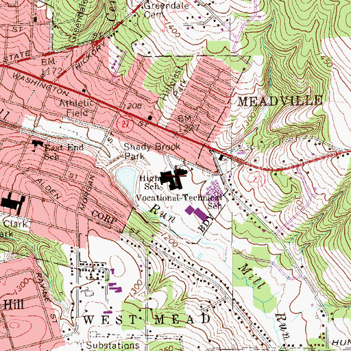 Topographic Map of Meadville Area High School, PA