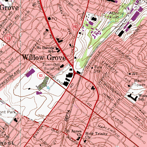 Topographic Map of Willow Grove Shopping Center, PA
