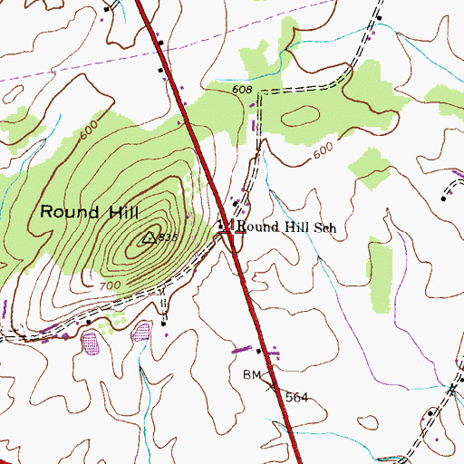 Topographic Map of Round Hill, PA