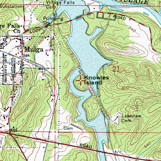 Topographic Map of Knowles Island, AL