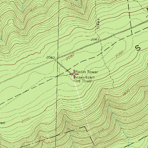 Topographic Map of Beavertown Fire Tower, PA