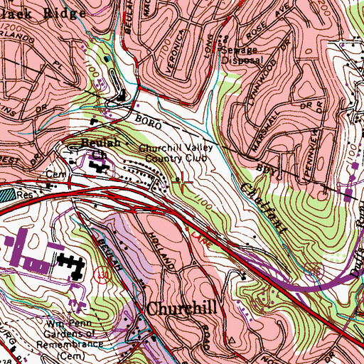 Topographic Map of Churchill Valley Country Club, PA