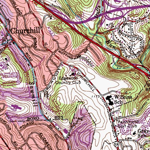 Topographic Map of Edgewood Country Club, PA