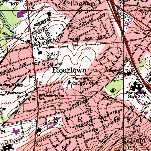 Topographic Map of Flourtown Country Club, PA