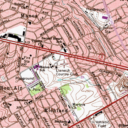 Topographic Map of Llanerch Country Club, PA