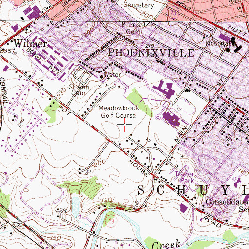 Topographic Map of Meadowbrook Golf Course, PA