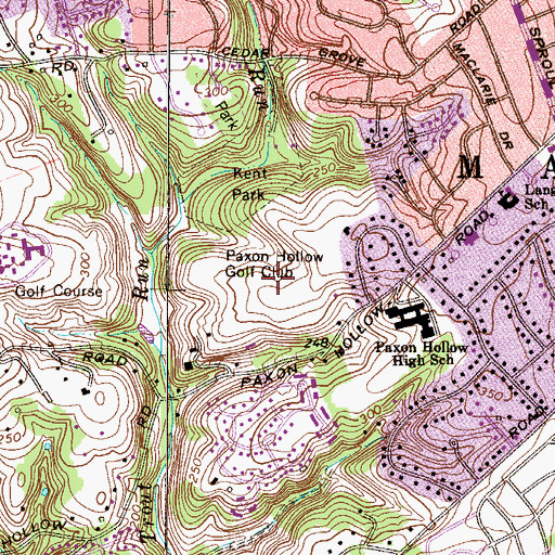 Topographic Map of Paxon Hollow Golf Club, PA