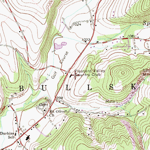 Topographic Map of Pleasant Valley Country Club, PA