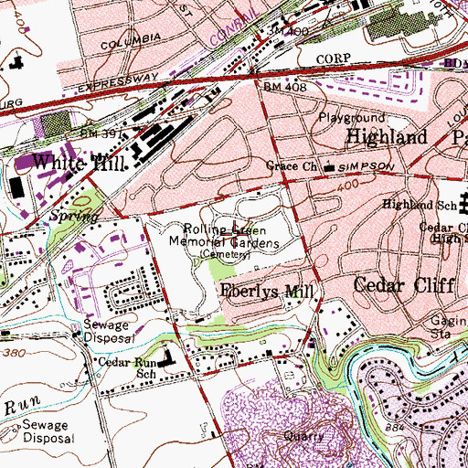 Topographic Map of Rolling Green Memorial Gardens, PA
