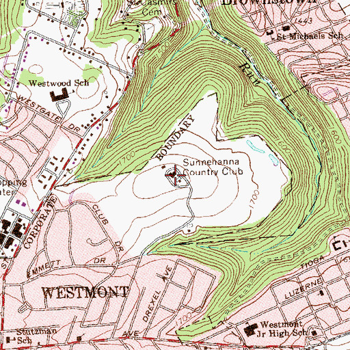 Topographic Map of Sunnehanna Country Club, PA