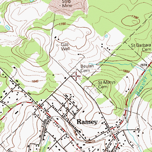 Topographic Map of Beulah Cemetery, PA