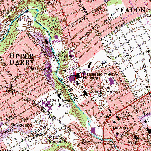 Topographic Map of Mercy Fitzgerald Hospital, PA