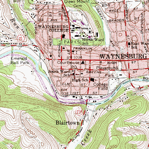 Topographic Map of South Ward School, PA