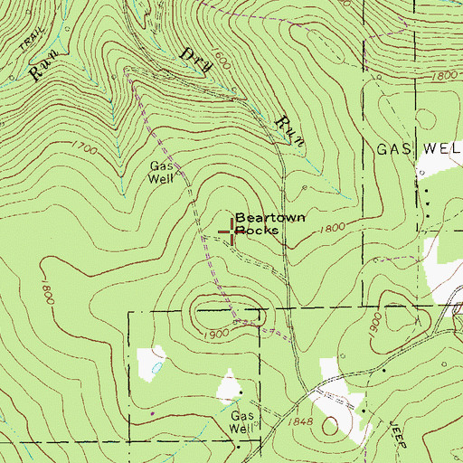 Topographic Map of Beartown Rocks, PA