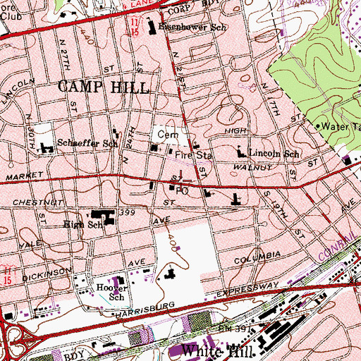 Topographic Map of Camp Hill Post Office (historical), PA