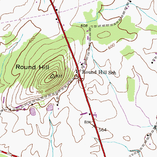 Topographic Map of Round Hill Post Office, PA