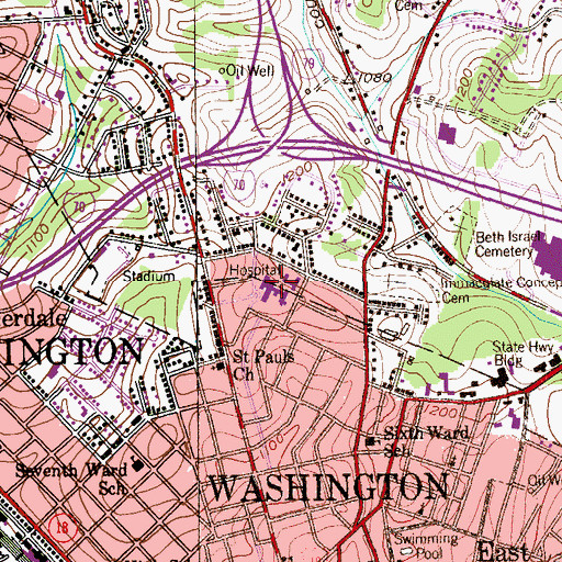 Topographic Map of Washington Hospital, PA