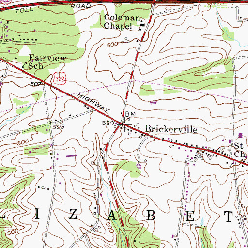 Topographic Map of Brickerville Post Office (historical), PA