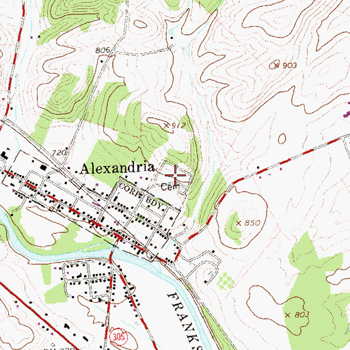 Topographic Map of Alexandria Presbyterian Cemetery, PA