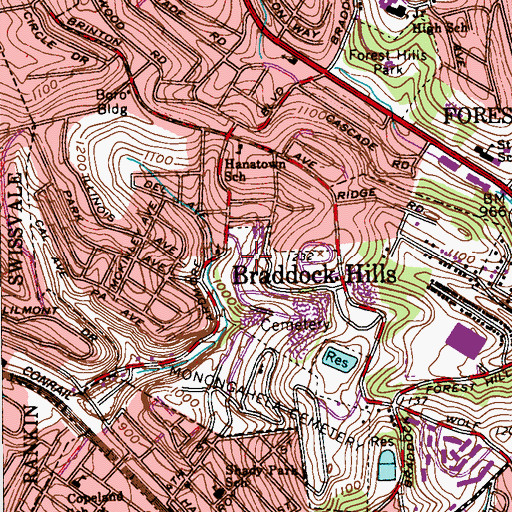 Topographic Map of Borough of Braddock Hills, PA