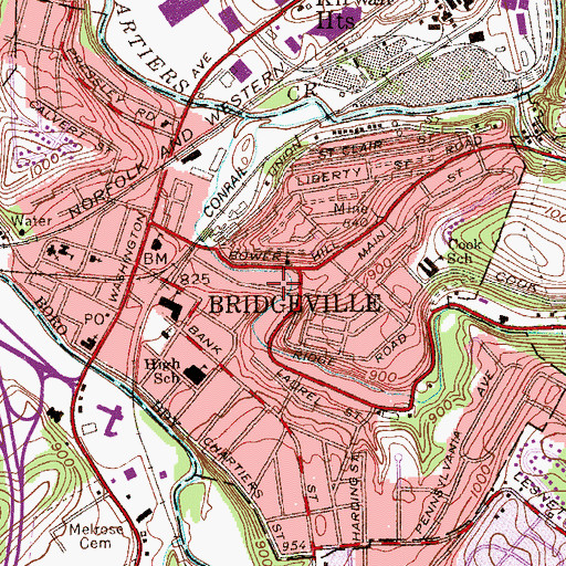 Topographic Map of Borough of Bridgeville, PA