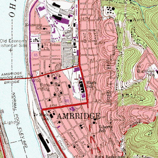 Topographic Map of Borough of Ambridge, PA