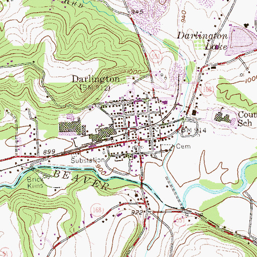 Topographic Map of Borough of Darlington, PA