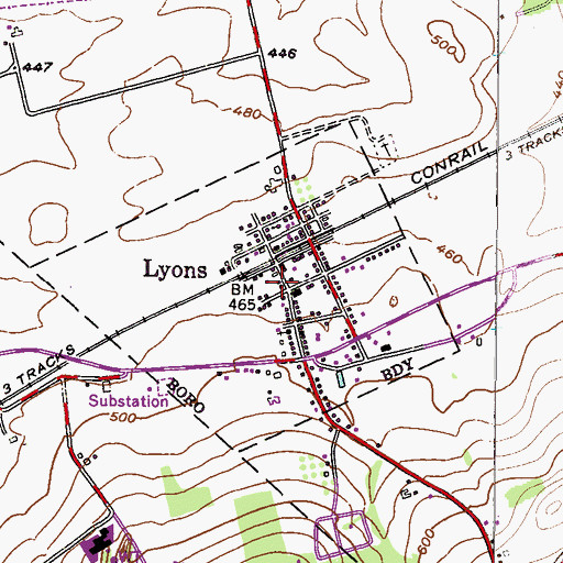 Topographic Map of Borough of Lyons, PA