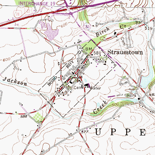 Topographic Map of Borough of Strausstown (historical), PA