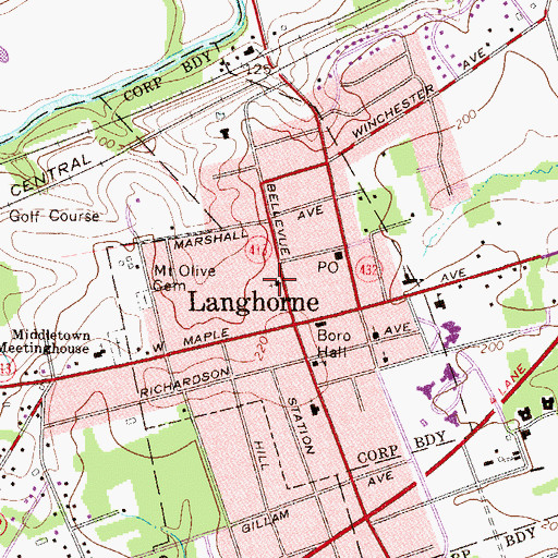Topographic Map of Borough of Langhorne, PA
