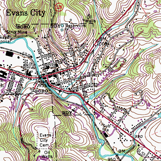 Topographic Map of Borough of Evans City, PA