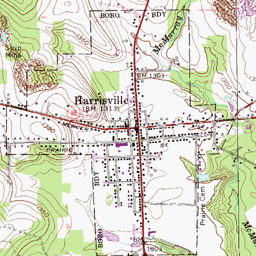 Topographic Map of Borough of Harrisville, PA