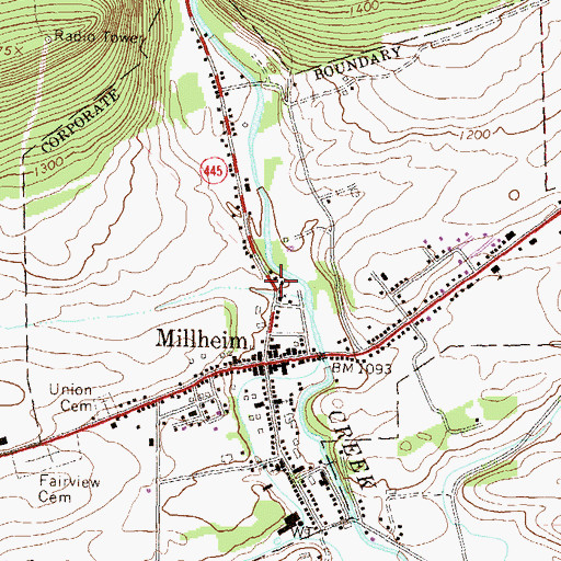 Topographic Map of Borough of Millheim, PA