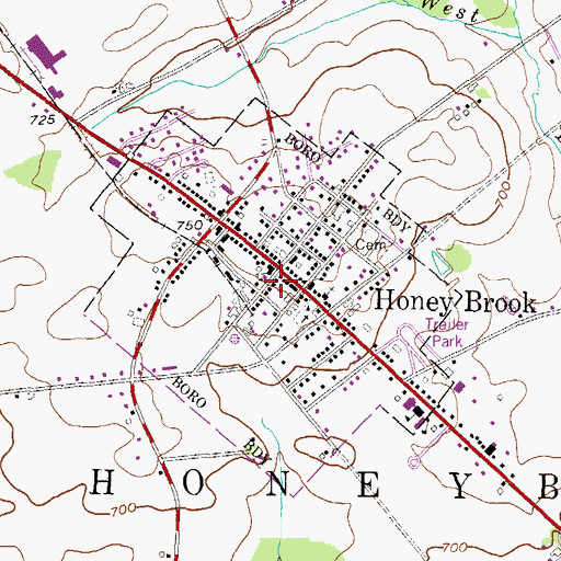 Topographic Map of Borough of Honey Brook, PA