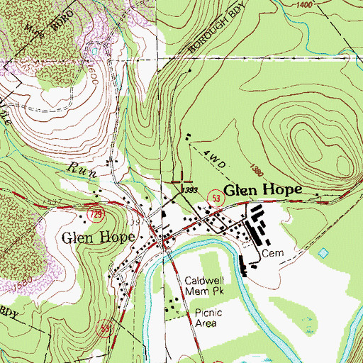 Topographic Map of Borough of Glen Hope, PA