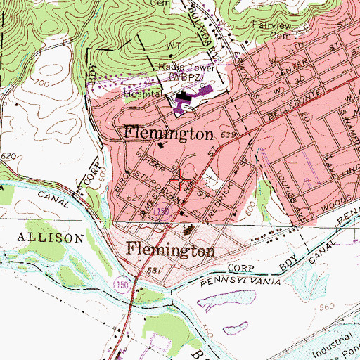 Topographic Map of Borough of Flemington, PA