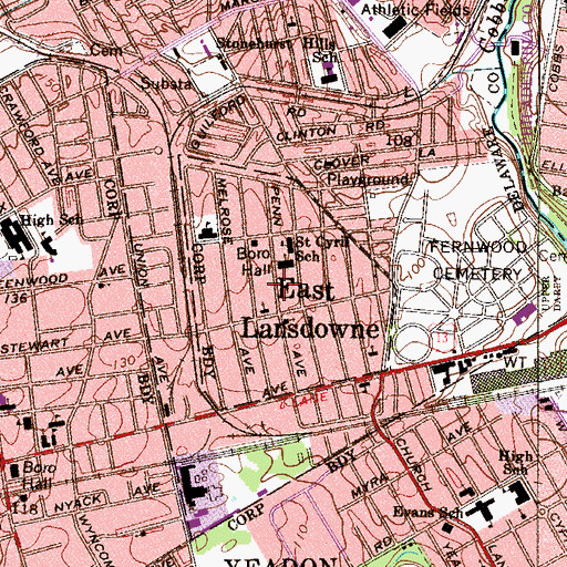 Topographic Map of Borough of East Lansdowne, PA