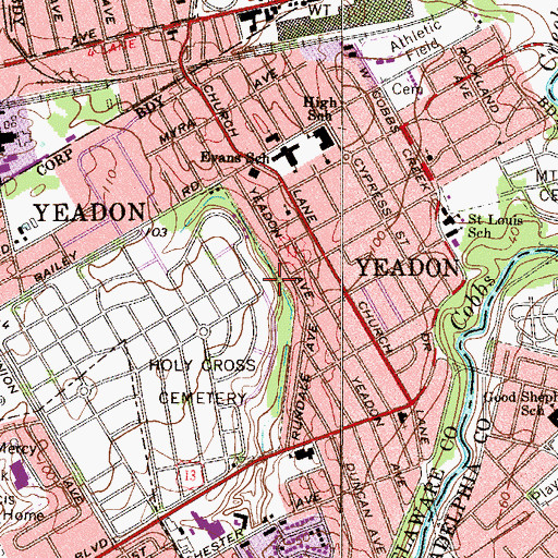 Topographic Map of Borough of Yeadon, PA