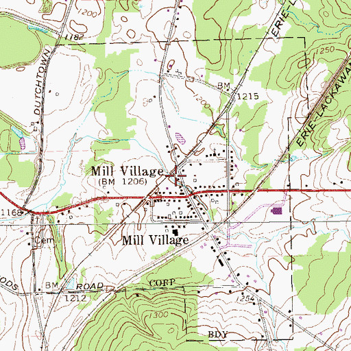 Topographic Map of Borough of Mill Village, PA