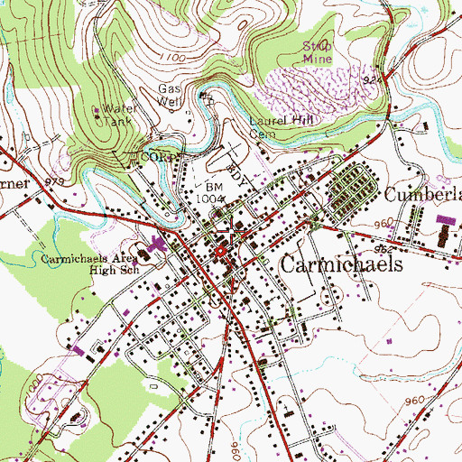 Topographic Map of Borough of Carmichaels, PA